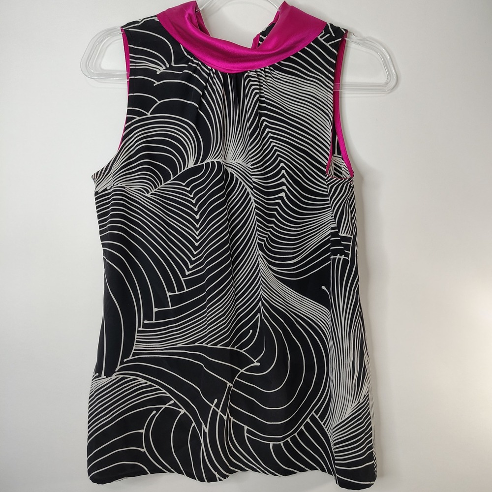 Karen Kane 100%‎ Silk Sleeveless Top Black White Print w/ Pink Trim Womens M